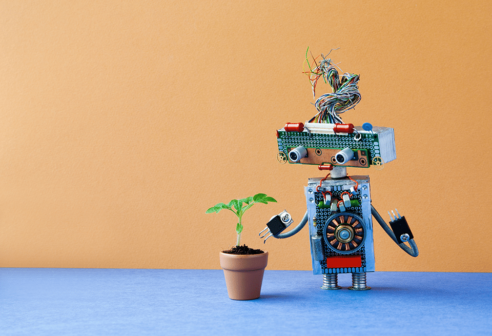Bild zum BCS-Umweltmanagement: Roboter, der eine Topfpflanze gießt (png)
